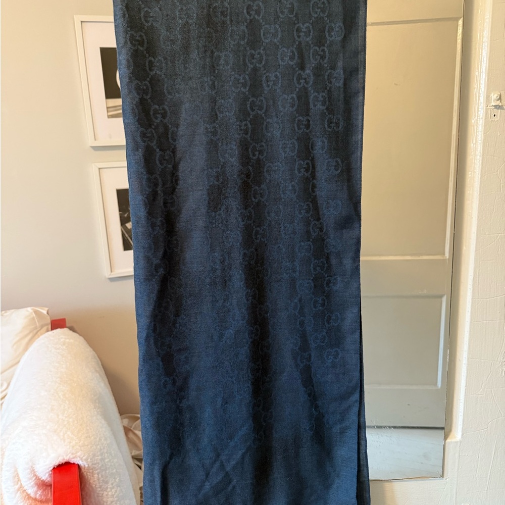 GUCCI Wool Silk GG Monogram Fringe Scarf Blue
